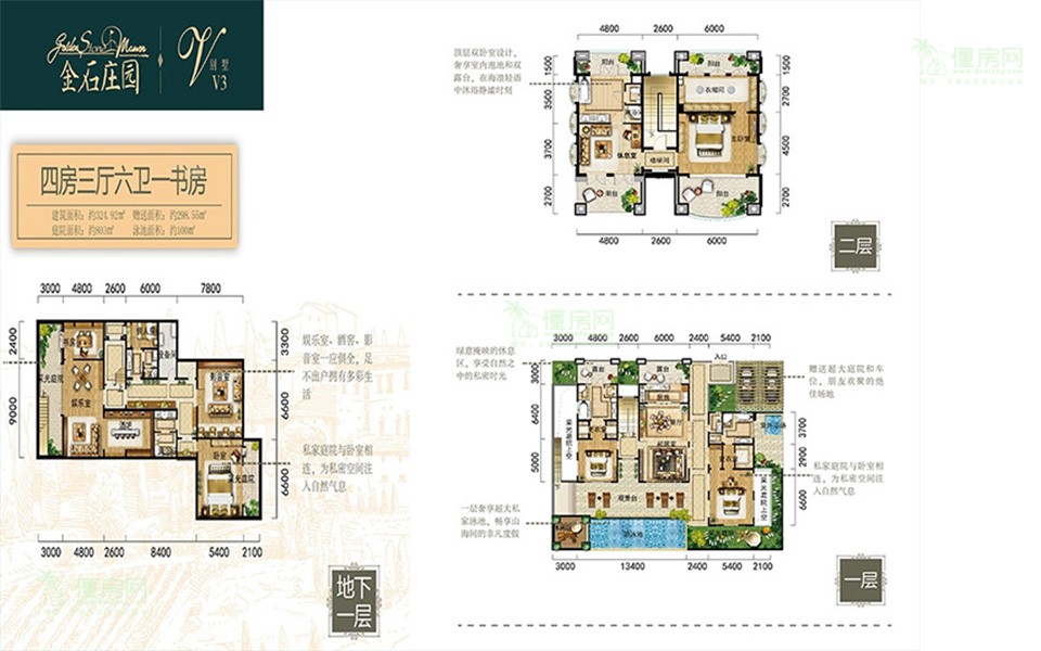 别墅V3户型 4房3厅1厨6卫1书房 324.92㎡