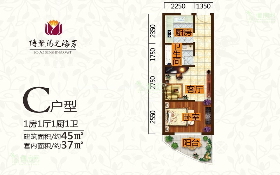 C户型 1房1厅1厨1卫 45㎡