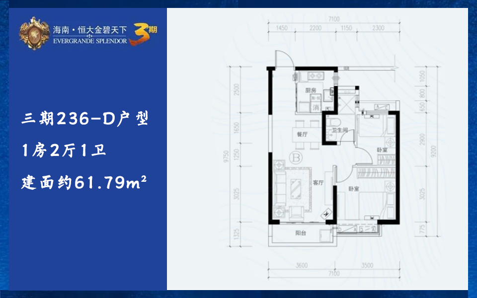 三期236-B户型 2房2厅1卫 建面约71.95m²