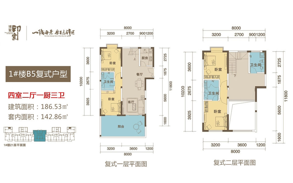 1#楼B5复式户型 1层平面图 4房2厅1厨3卫 186.53㎡