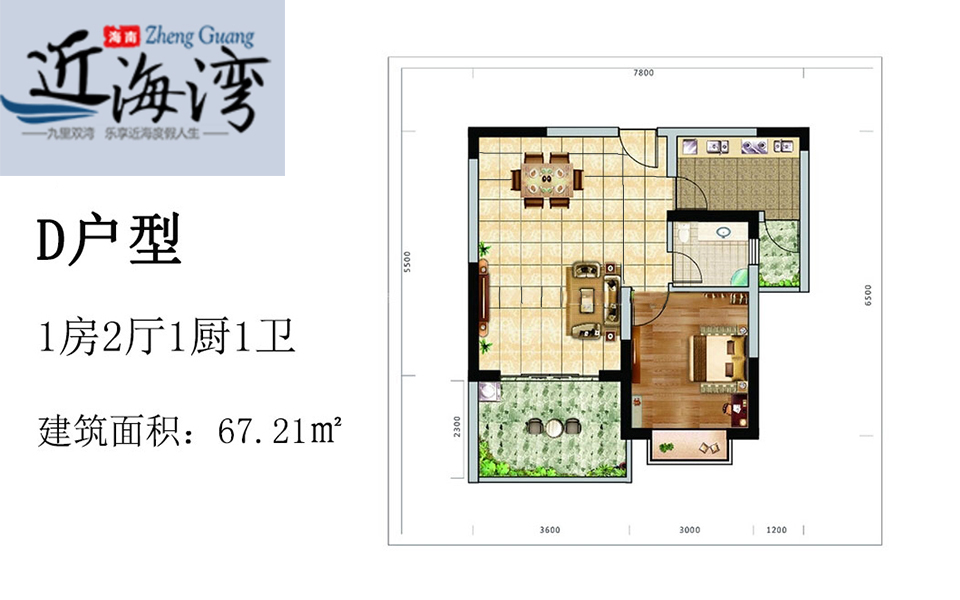 D户型 1房2厅1厨1卫67.21㎡