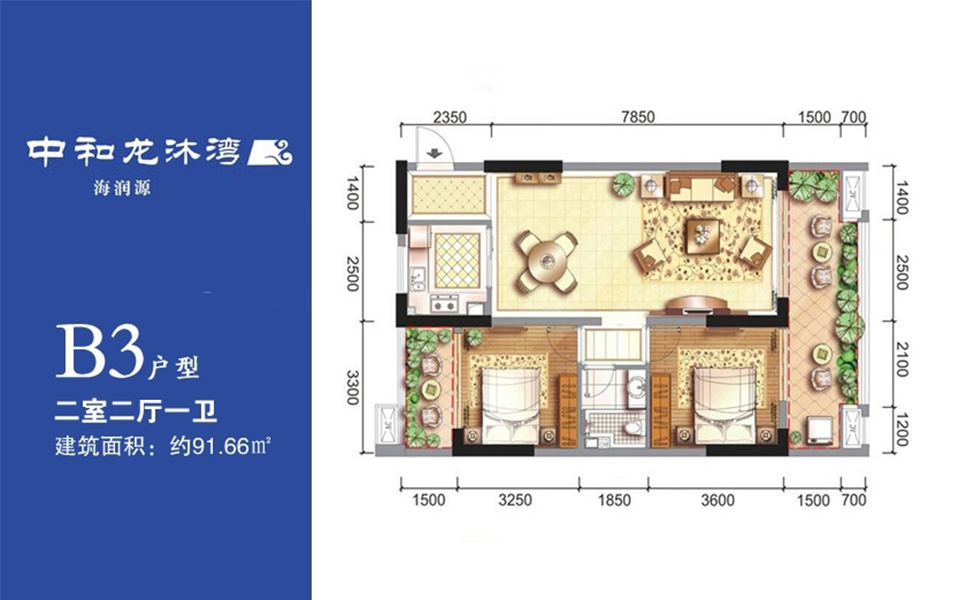 B3户型 2房2厅1厨1卫 91.66㎡