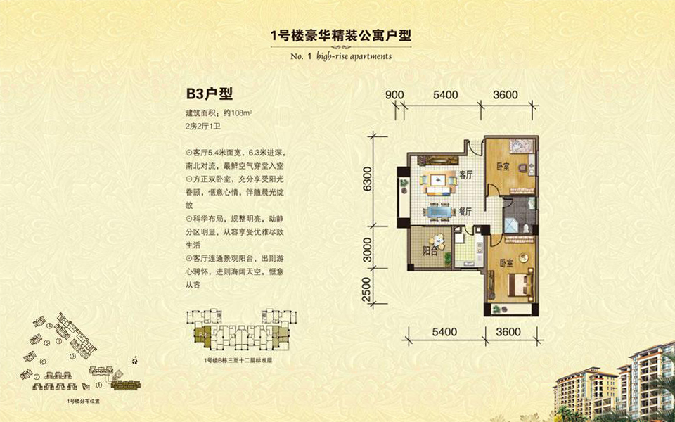 1号楼 B3户型 2房2厅1卫 建面约108m²