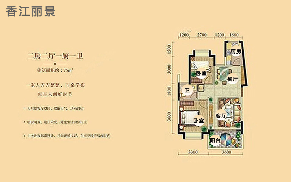 香江丽景75平户型图 2室2厅1卫1厨  建筑面积75㎡