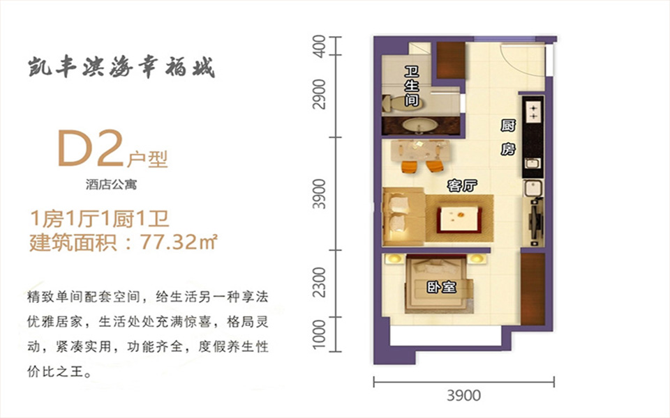D2户型 1房1厅1厨1卫 77.32㎡