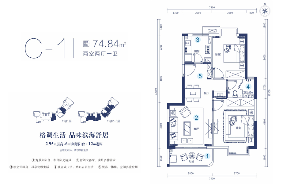 C-1户型 2室2厅1卫 建面约74.84m²