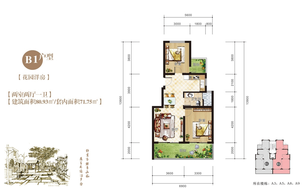 洋房 B1户型 2室2厅1卫 建面约80.93m²