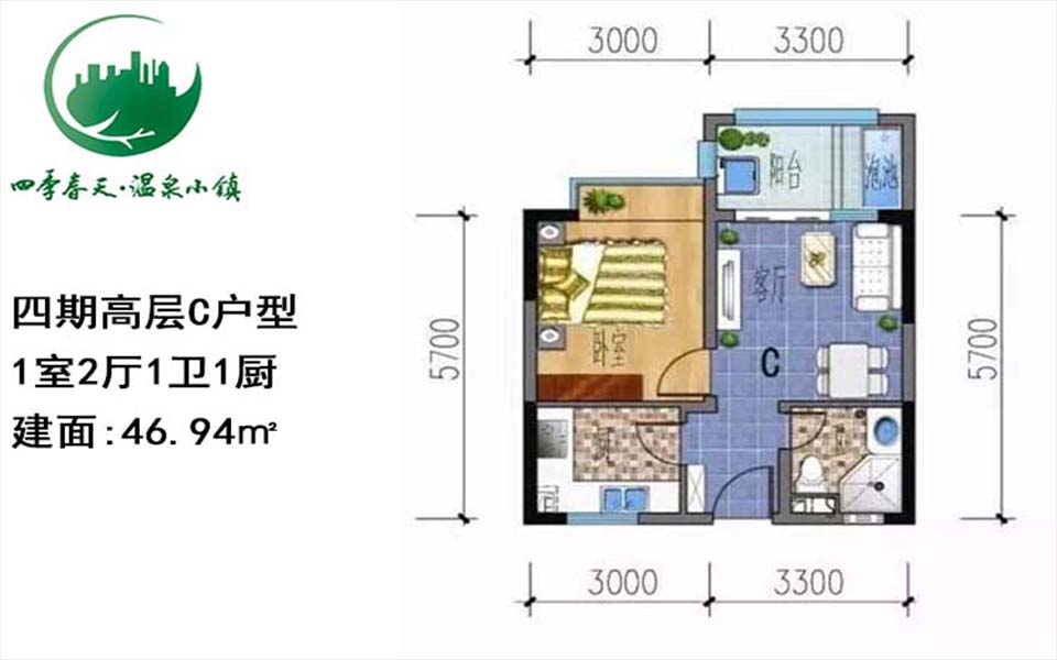 四期高层C户型图 1室2厅1卫1厨  建筑面积46.94㎡