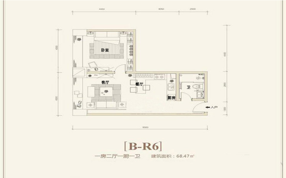 B-R6户型 1室2厅1卫1厨 68.47㎡