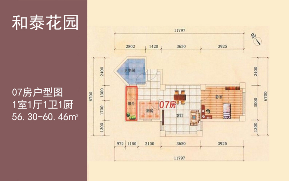 户型图1室1厅1卫1厨建筑面积56.30-60.46㎡