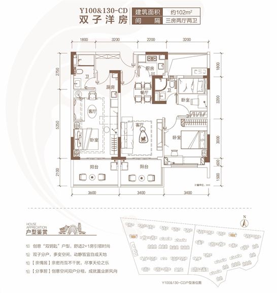 碧桂园海棠盛世双子洋房建面为102平米户型