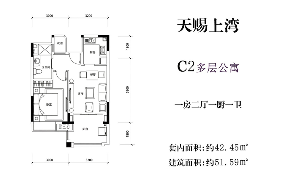 C2多层公寓户型 1房2厅1厨1卫  