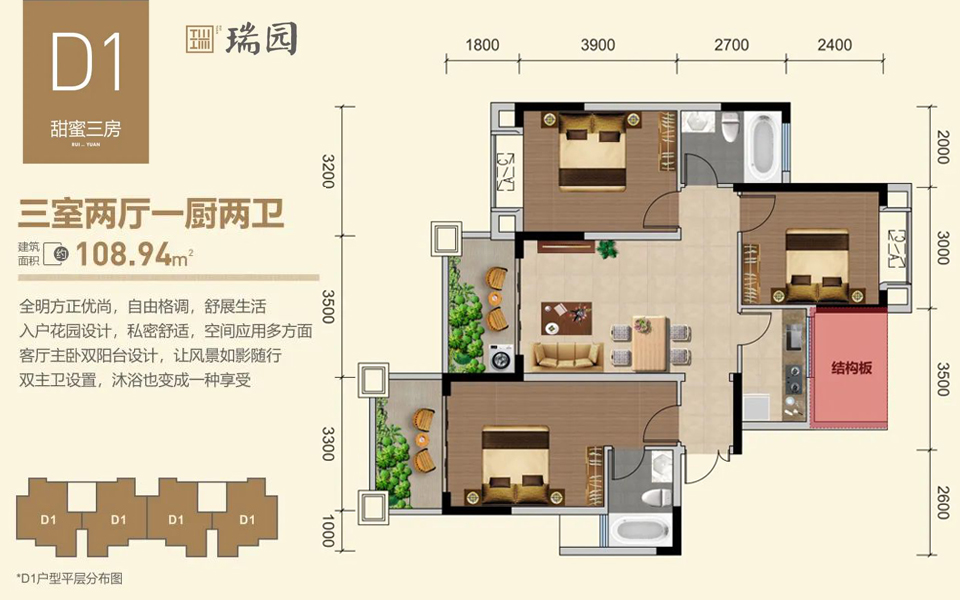 D1户型 3房2厅2卫